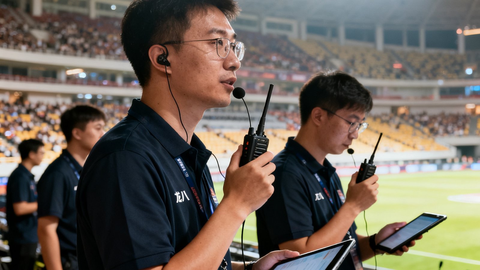 龙八头号玩家赛事运营团队在万人体育场内进行赛前指挥调度，团队成员身穿统一深色工作服，手持对讲机与平板电脑，背景是明亮的灯光和整齐的观众席