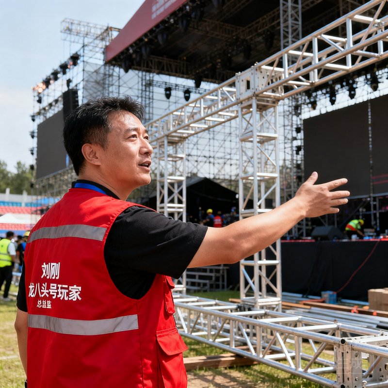龙八头号玩家执行总监刘刚，38岁男性，身穿红色工作背心在户外赛场指挥搭建，背景是正在组装的桁架和舞台结构